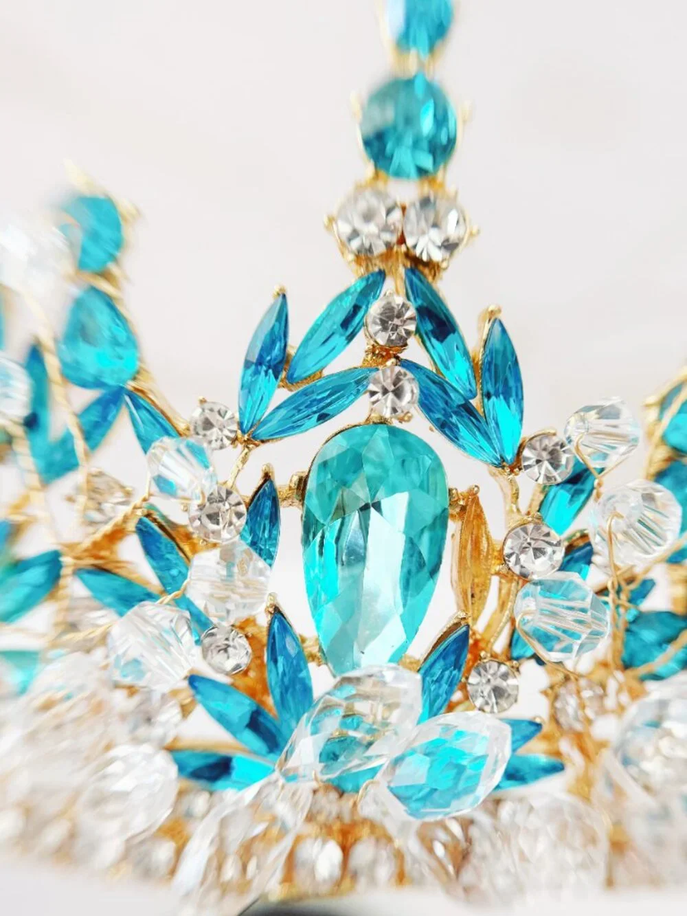 Aqua Blue Crystal Tiara, Gold Crown for Weddings, Pageants and Quinceañeras